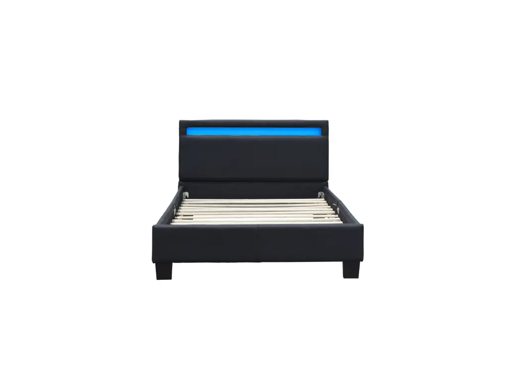 angel - Solide et Confortable Lit 90x200 avec Sommier + Tête de Lit avec Eclairage LED Couleur NOIR en - 13 Lattes - revetement PVC Simili facile d'entretien - Montage Rapide et Facile