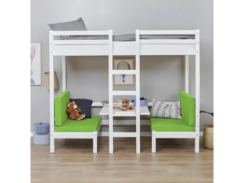 BasicJumbo Lit mezzanine avec canapé lime, bureau et sommiers à lattes inclus.