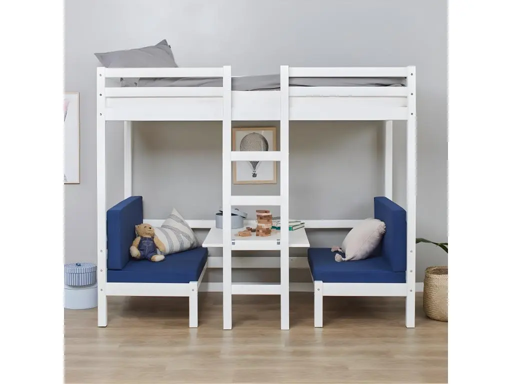 BasicJumbo Lit mezzanine avec canapé bleu, bureau et sommiers à lattes inclus.