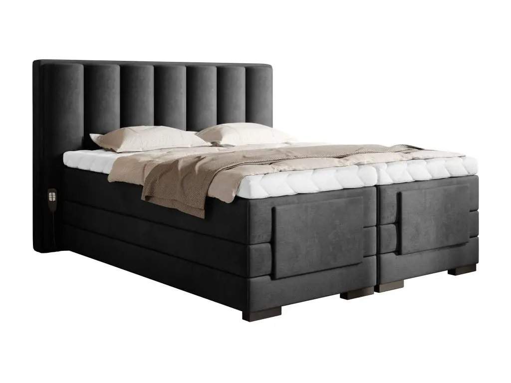 Lit boxspring électrique tissu anthracite avec matelas et surmatelas Arkos-Couchage 90x200 cm
