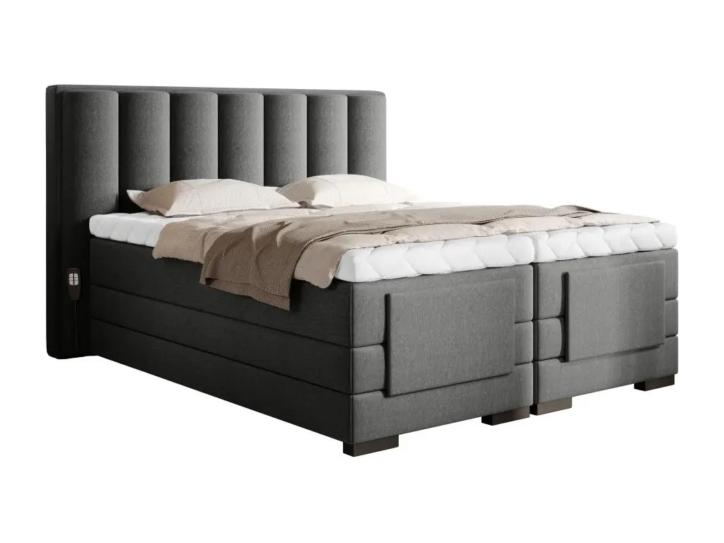 Lit boxspring électrique tissu gris chiné avec matelas et surmatelas Arkos-Couchage 90x200 cm