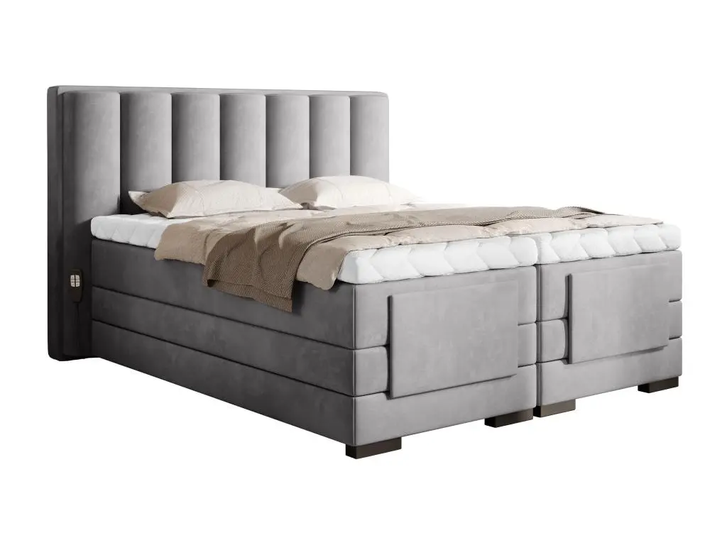Lit boxspring électrique tissu gris clair avec matelas et surmatelas Arkos-Couchage 90x200 cm