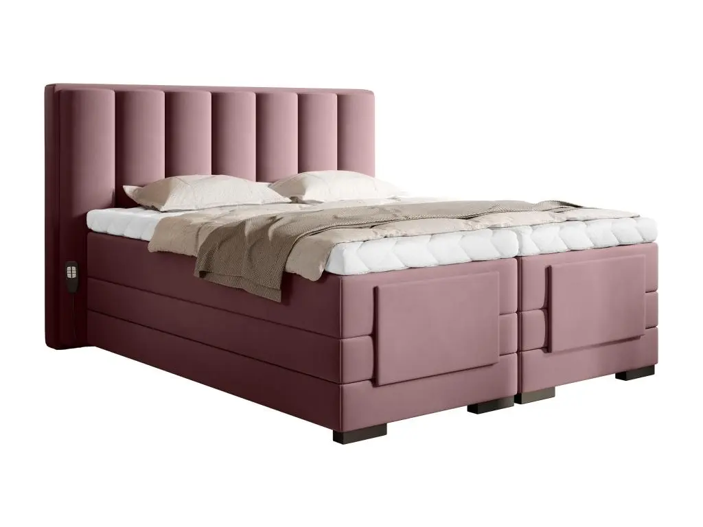 Lit boxspring électrique velours rose poudré avec matelas et surmatelas Arkos-Couchage 180x200 cm