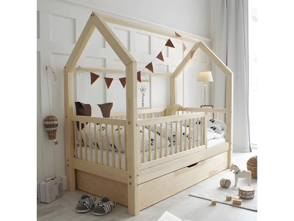 Lit 90x190 barrière sommier et tiroir inclus Florie Bois