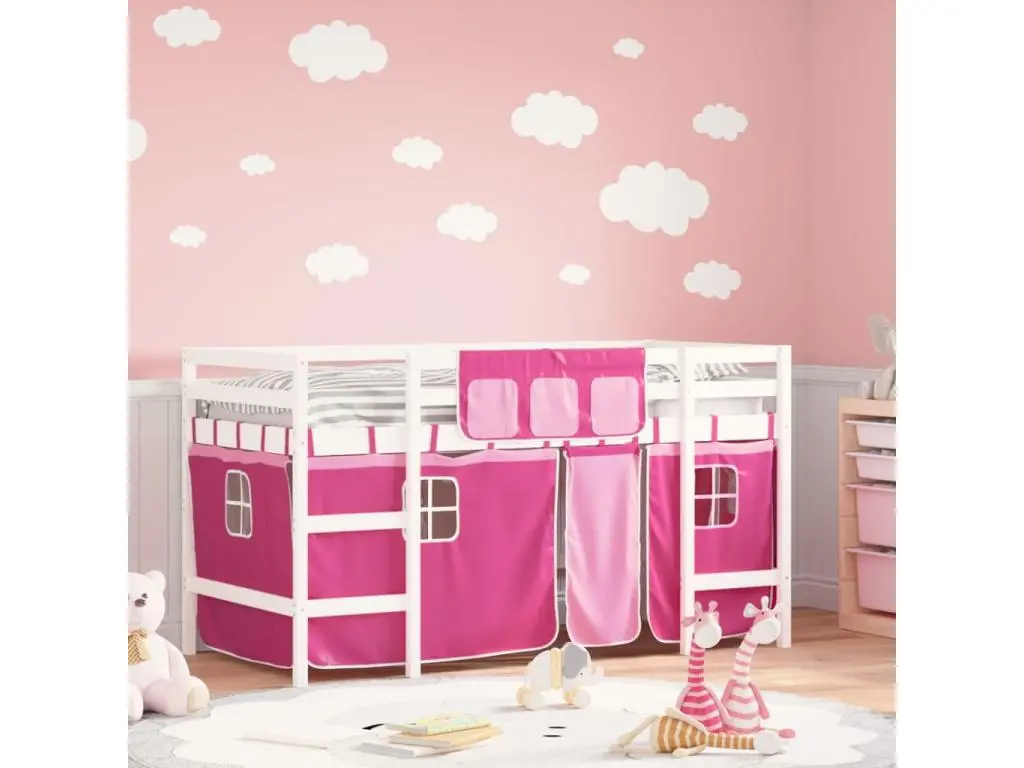 Clicnbuy Lit mezzanine enfants et rideaux rose 90x200cm bois pin massif