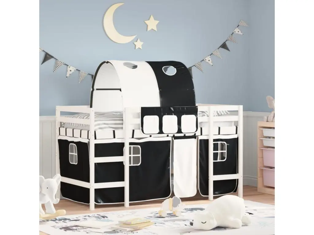 Clicnbuy Lit mezzanine enfants et tunnel blanc/noir 90x190 cm pin massif