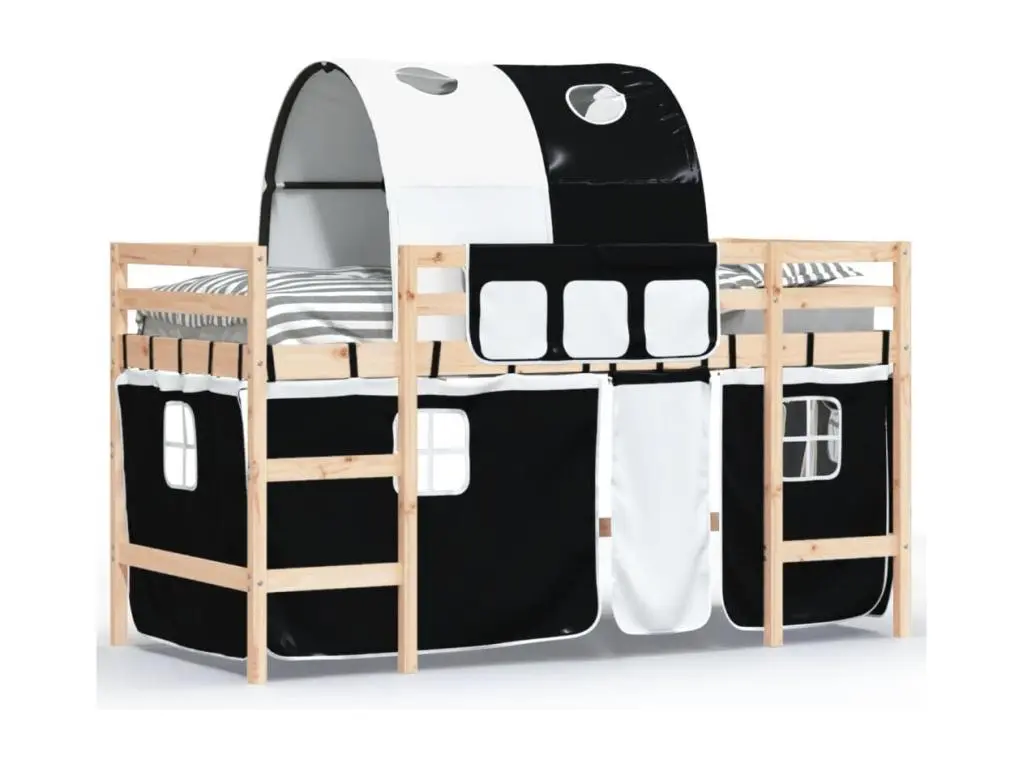 Les Tendances Lit mezzanine enfants et tunnel blanc-noir 90x200 pin massif