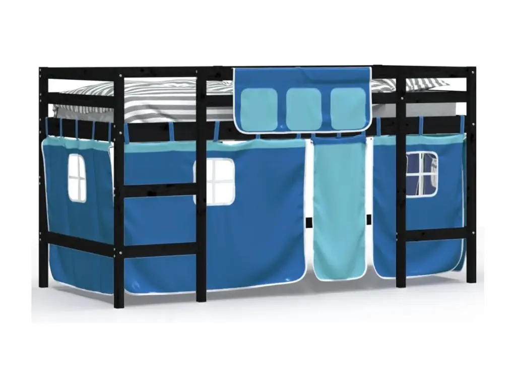 Les Tendances Lit mezzanine enfants et rideaux bleu 90x200 bois pin massif