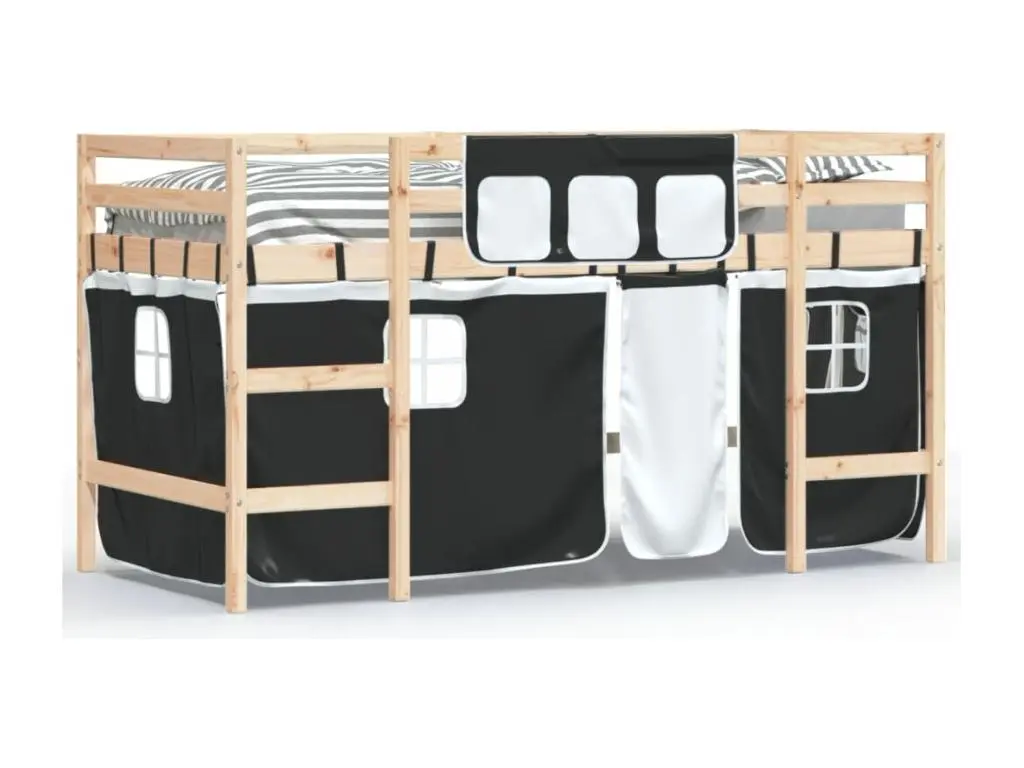 Les Tendances Lit mezzanine enfants et rideaux blanc-noir 90x200 pin massif