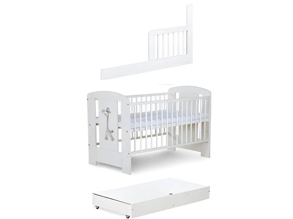 Lit bébé 120x60cm Blanc avec tiroir GIRAFE barreaux amovible et barrière de sécurité inclus