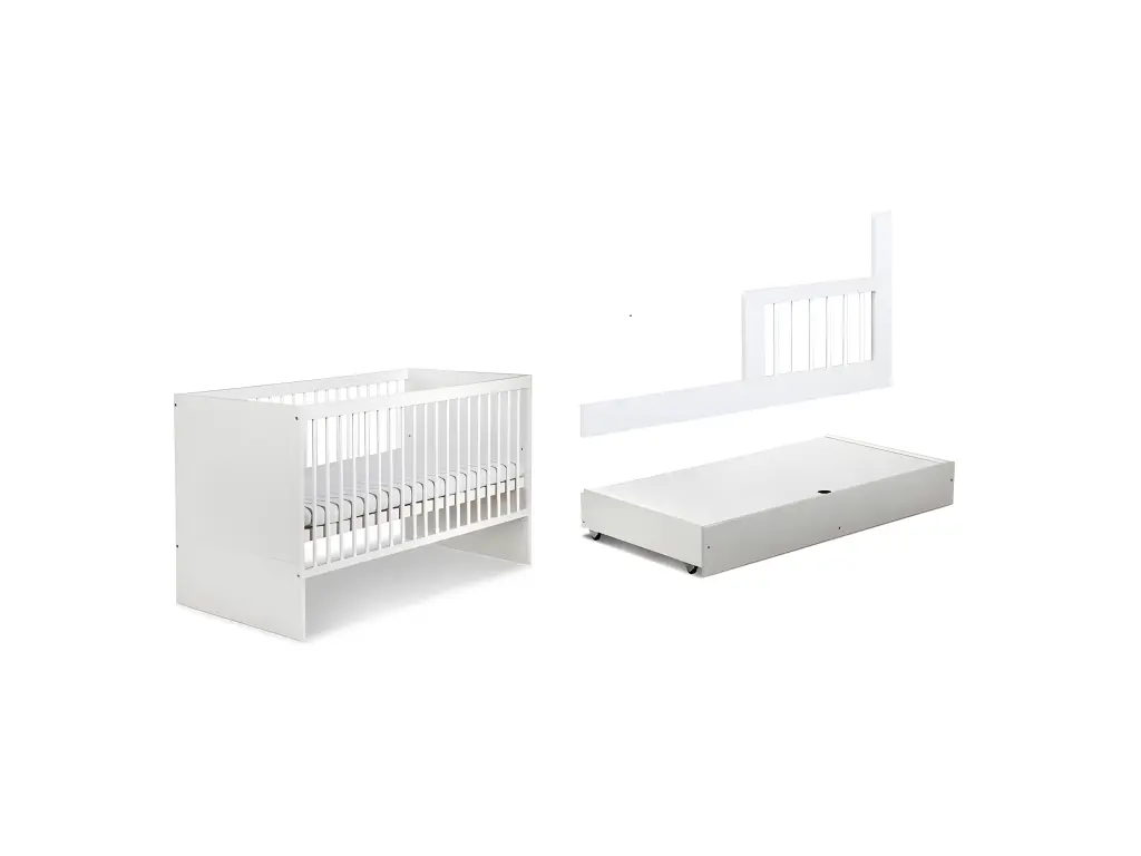 Lit bébé 120x60cm Blanc avec tiroir DALYA barreaux amovible et barrière de sécurité inclus