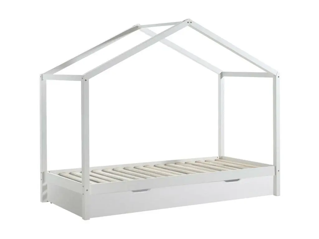 ARKAN - Lit Maison 90x200cm en Pin Massif Blanc avec Tiroir