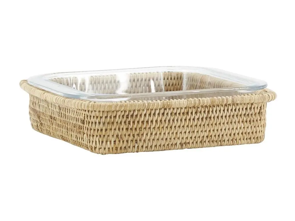 Ensemble plat à gratin et support en rotin Carré