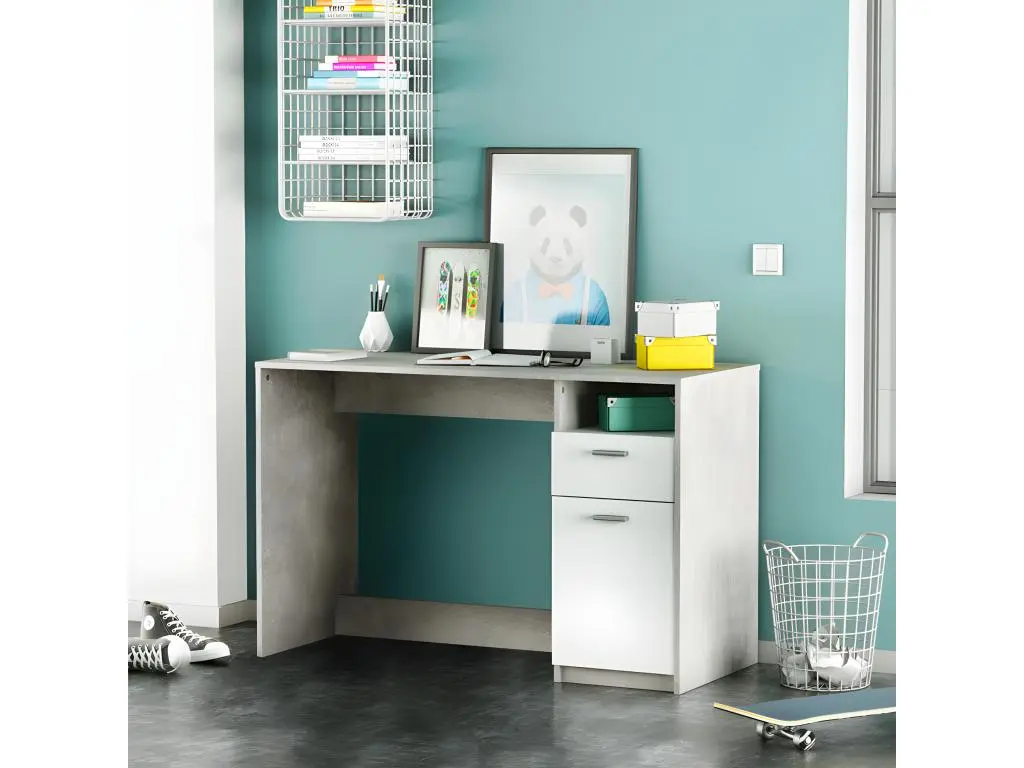 Bureau 1 porte 1 tiroir Béton/Blanc - ALAIN - L 121.5 x l 50 x H 77 cm