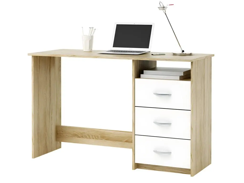 Bureau 1 caisson 3 tiroirs Chêne brossé / Blanc perle, L 123 x H 76 x P 50 cm