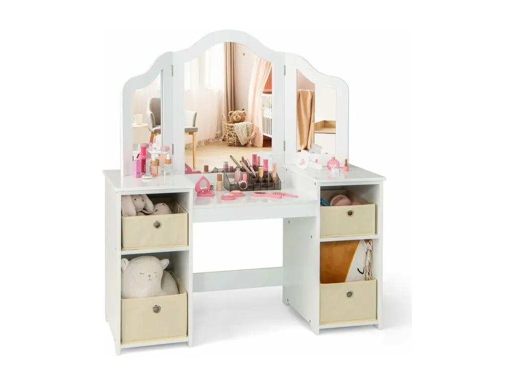 2 en 1 Coiffeuse Enfants avec Miroir Amovible à Trois Volets, Table de Maquillage Princesse avec 4 Compartiments et 4 Bacs de Stockage en Tissu, Charge 100kg pour Enfants de 3 Ans+ (Blanc)