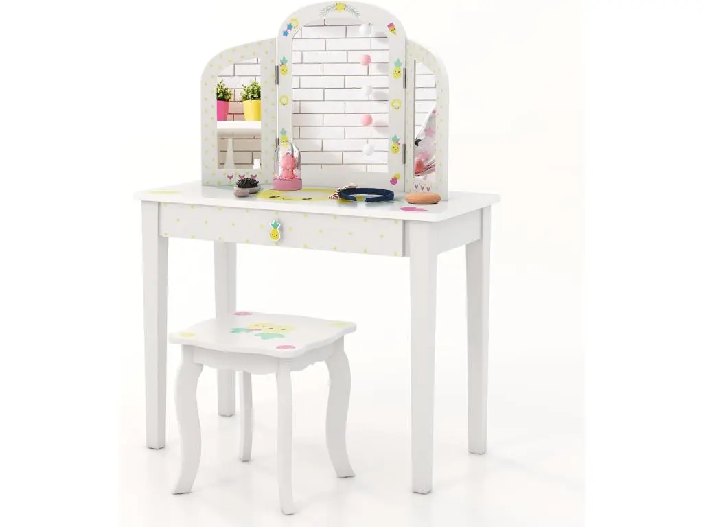 2 en 1 Coiffeuse Enfants avec Tabouret & Miroir à 3 Volets, Table de Maquillage avec Tiroir & Motif d'Ananas, Dispositif Anti-basculement, Charge 30/50kg pour 3 Ans+