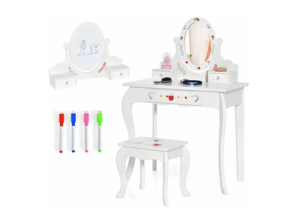 2 en 1 Coiffeuse Enfants avec Miroir Rotatif à 360° et Double Face, Table de Maquillage avec Tabouret & Tiroir, 4 Marqueurs, Dispositif Anti-basculement, Charge 30/50kg pour 3 Ans+