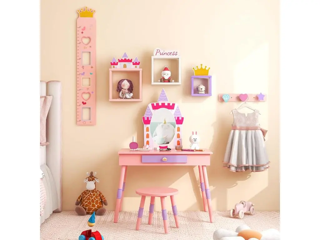 2 en 1 Coiffeuse Enfants sur Thème du Château avec Tabouret,Table d'Etude de 3 Ans+