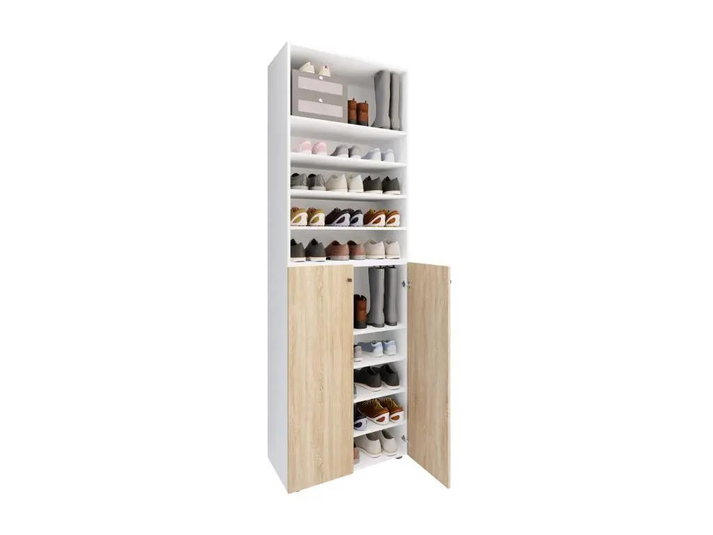 VCM XL bois Grande armoire à chaussures Grande botte Meuble d'entrée Lona 10 compartiments (Blanc / Chêne Sonoma)