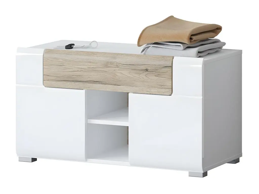 Banc de rangement design collection OHIO coloris blanc et chêne. 2 portes et 1 tiroir