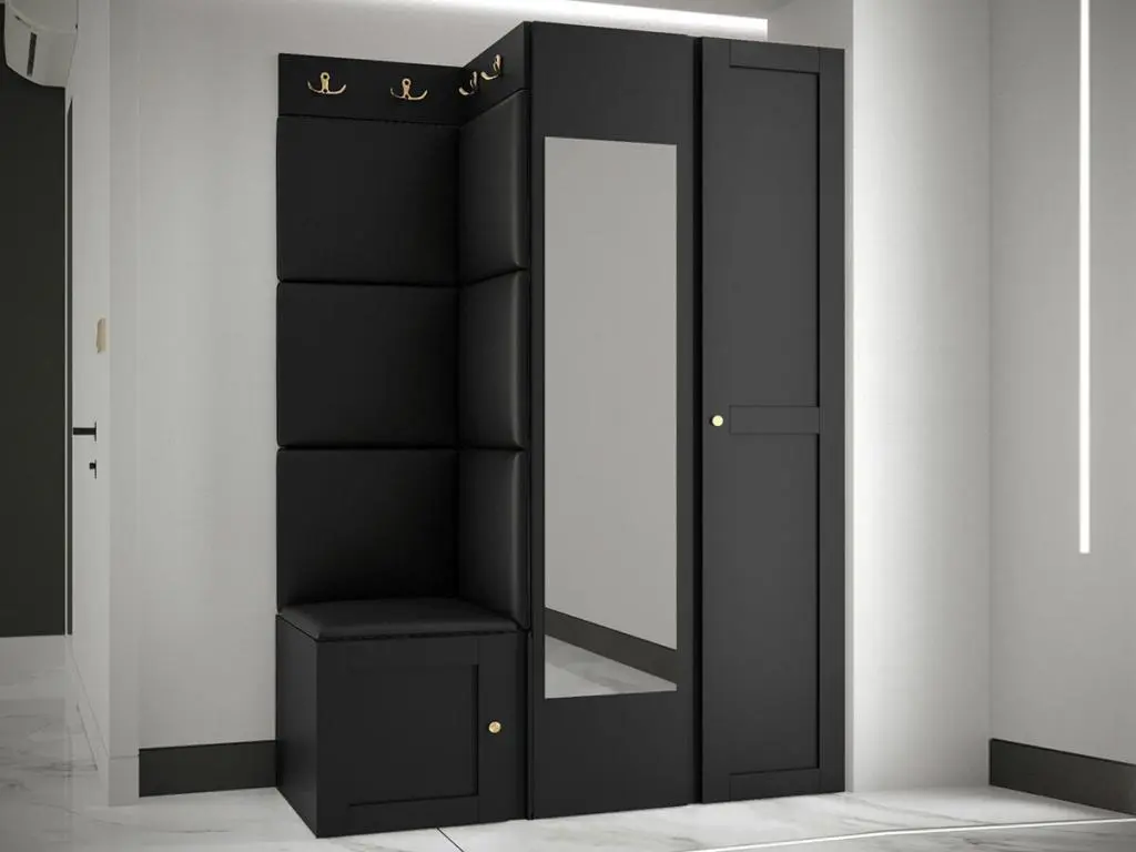 Meuble d'entrée Hartford 380, 186x116x46cm, Miroir, Noir, Stratifié|Faux cuir|MDF