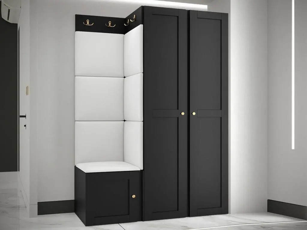 Meuble d'entrée Hartford 379, 186x116x46cm, Noir|Blanc, Stratifié|Faux cuir|MDF