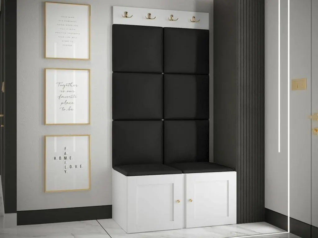 Meuble d'entrée Hartford 375, 186x84x46cm, Noir|Blanc, Stratifié|Faux cuir|MDF