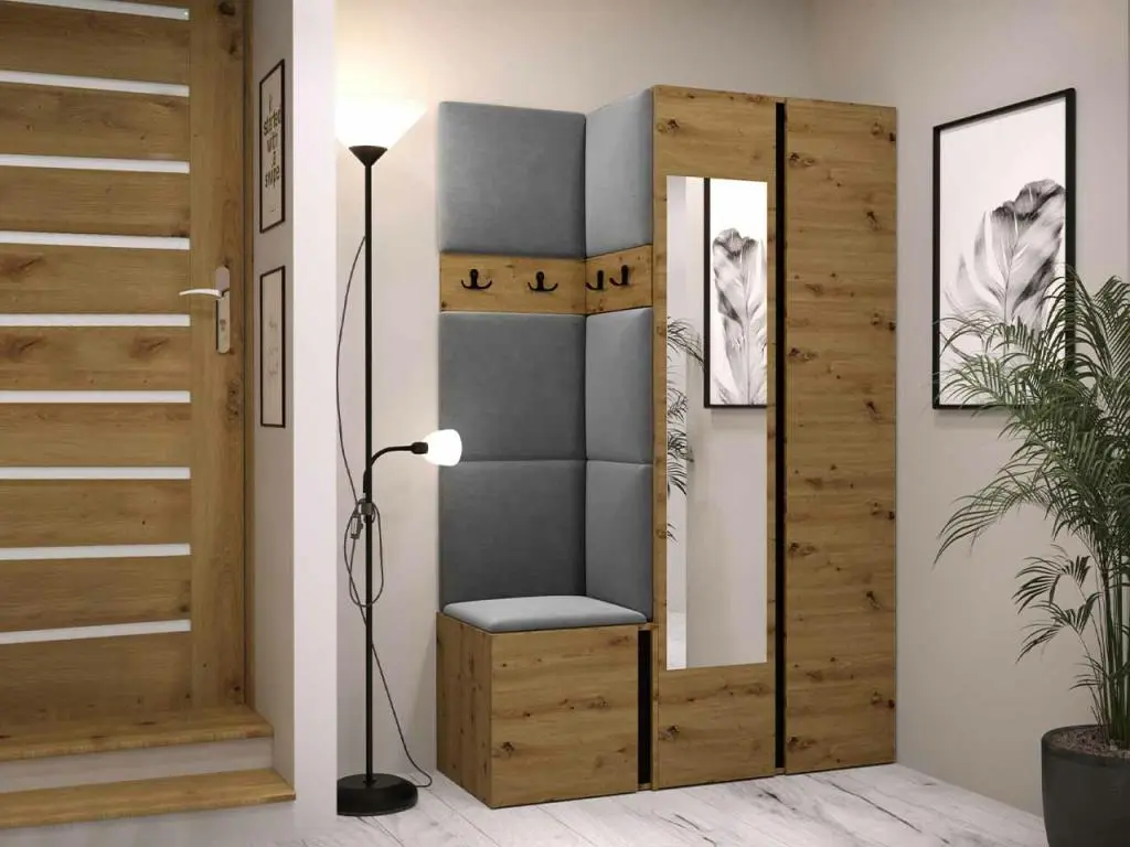 Meuble d'entrée Hartford 350, 186x116x44cm, Miroir, Noir|Chêne Artisan