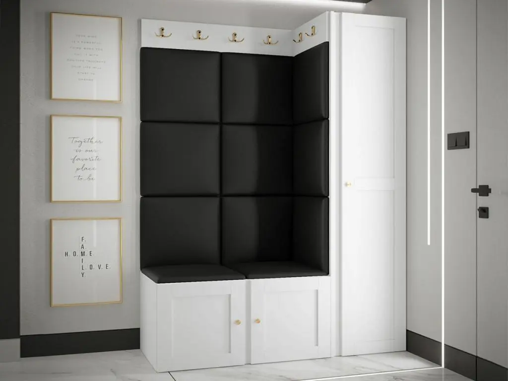 Meuble d'entrée Hartford 377, 186x124x46cm, Blanc|Noir, Stratifié|Faux cuir|MDF