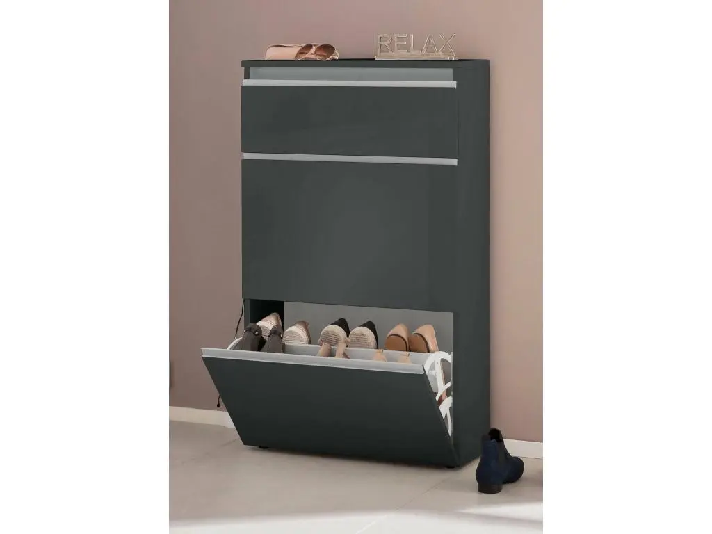 Étagère à chaussures Paco, Armoire polyvalente avec 2 portes et 1 porte abattante, Étagère à chaussures d'entrée, 100% Made in Italy, 60x27h108 cm, Anthracite Brillant