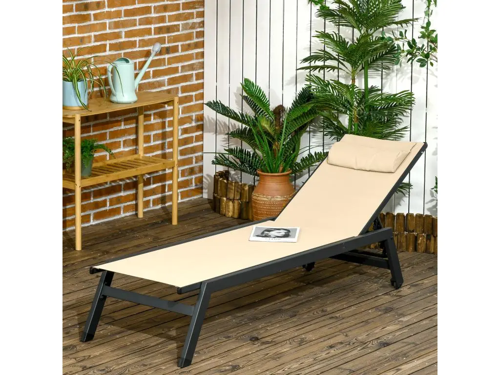 Bain de soleil transat inclinable 5 positions - tétière, 2 roulettes - alu. textilène kaki