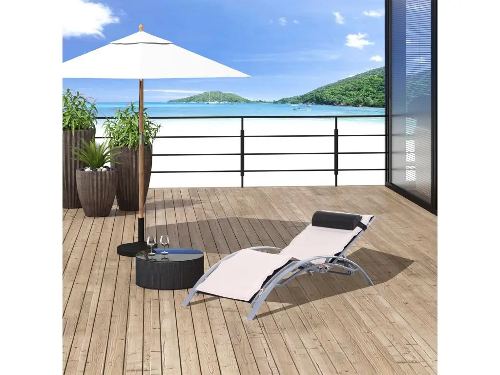 Bain de soleil transat design contemporain inclinable multi-positions avec matelas et tétière dim. 170L x 64l x 82H cm alu textilène beige