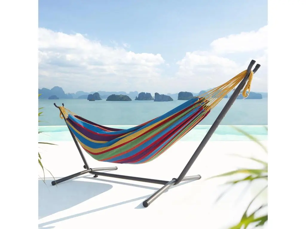 Copacabana arc-en-ciel - Hamac sur pied 2,6 m avec toile en tissu multicolore