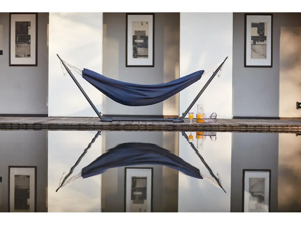 Copacabana bleu : hamac sur pied 2,6 m avec toile en tissu polyester bleu