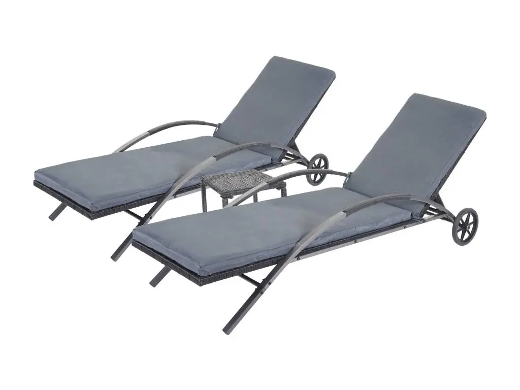 2x Chaises longues HWC-E27 en polyrotin - noir, coussins gris foncé
