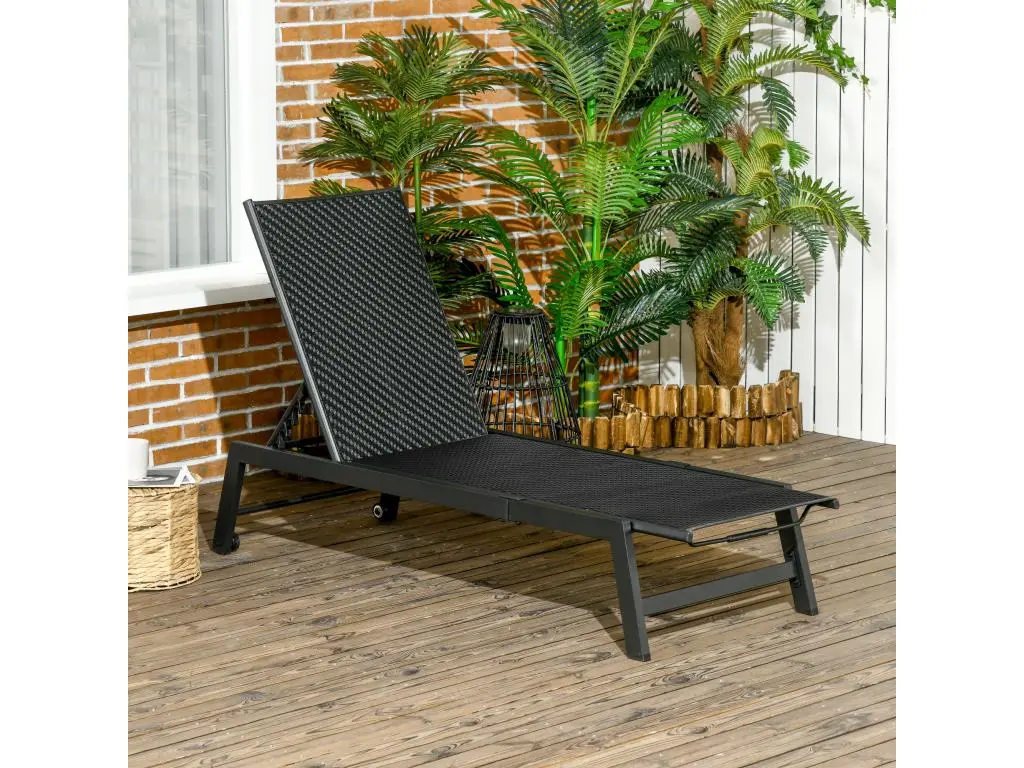 Bain de soleil transat grand confort - dossier inclinable 5 positions roulettes - châssis alu. résine tressée noire