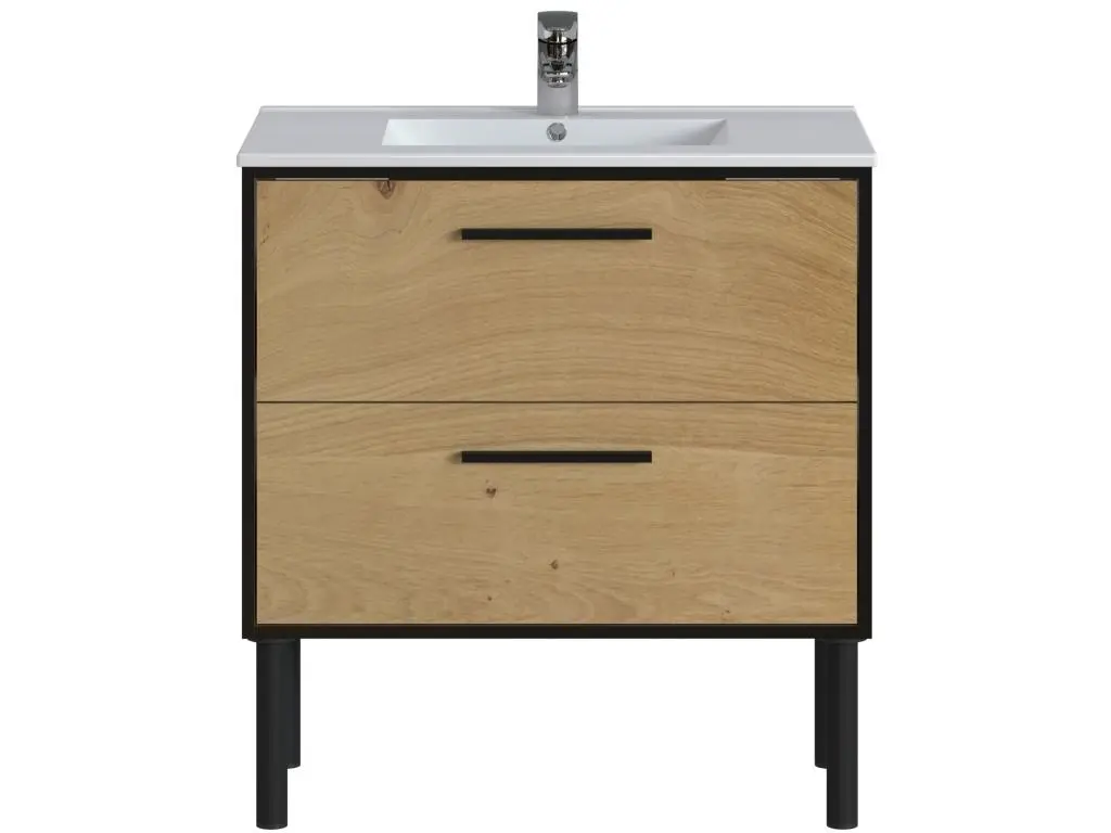 Meuble de salle de bain en mélamine coloris placage chêne - Longueur 81 x profondeur 47 x Hauteur 87 cm