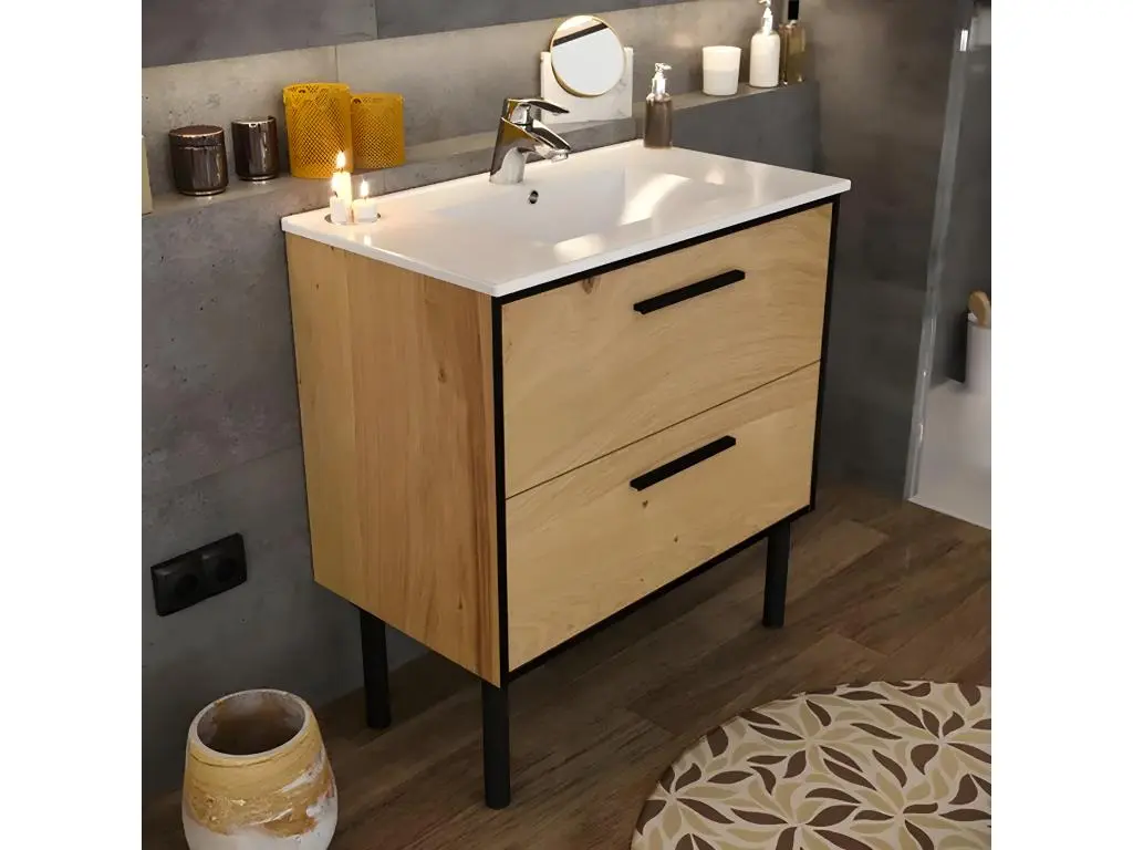 Meuble de salle de bain en placage chêne coloris naturel / noir - Longueur 81 x profondeur 47 x Hauteur 87 cm