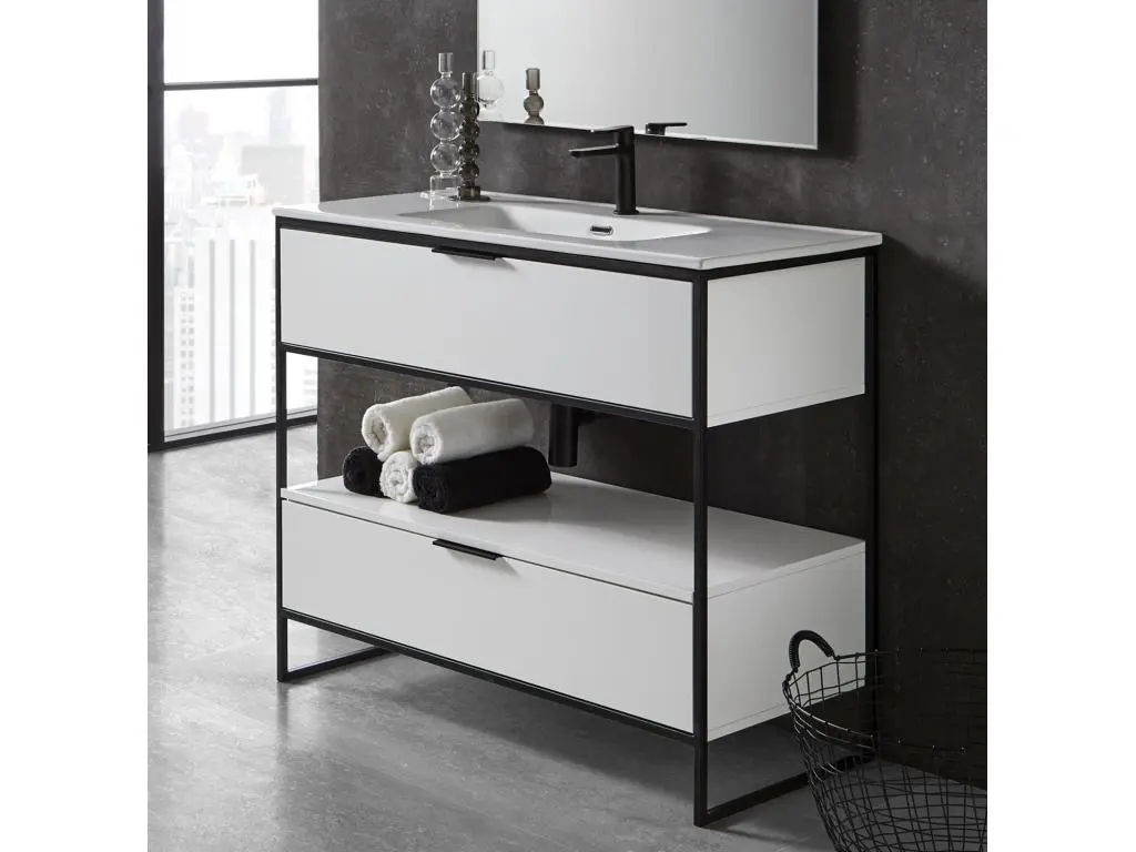 Meuble de salle de bain avec 2 tiroirs blanc brillant avec plan moulé - Longueur 80 x Hauteur 85 x Profondeur 46 cm