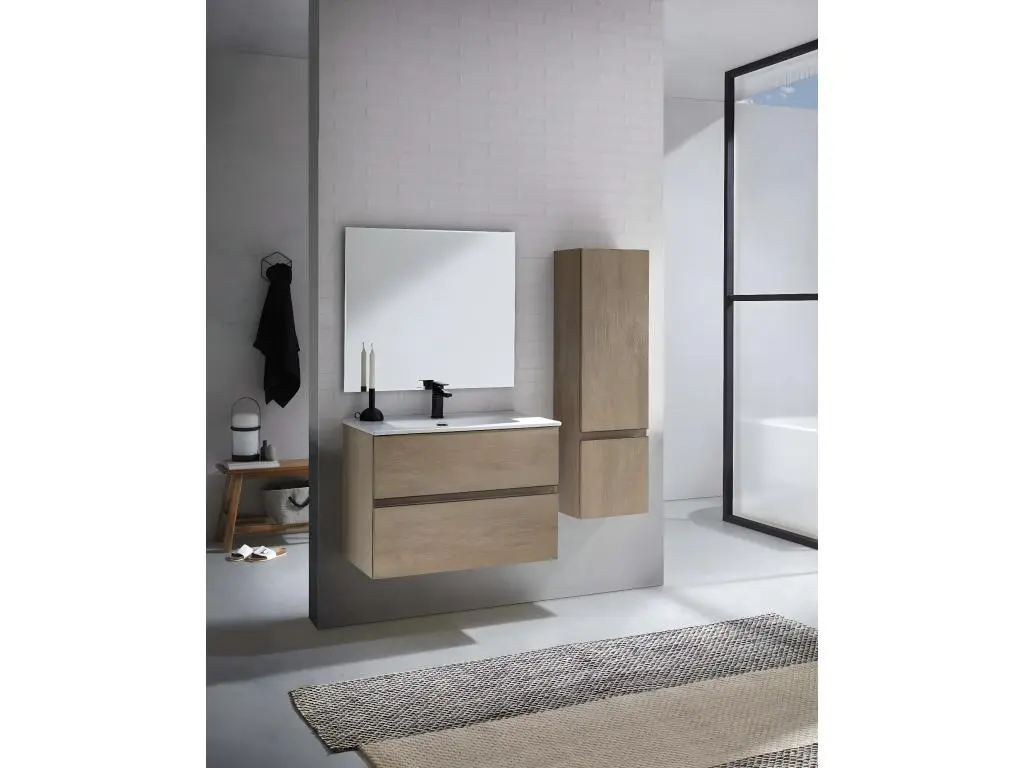 Pegane Meuble de salle de bain avec 2 tiroirs suspendus couleur chêne Nordique avec plan moulé + miroir + colonne - Longueur 100 x Hauteur 56 x Profondeur 46 cm