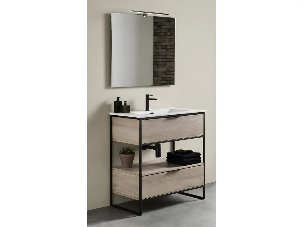 Meuble de salle de bain avec 2 tiroirs couleur chêne nordique avec plan moulé + miroir - Longueur 100 x Hauteur 85 x Profondeur 46 cm