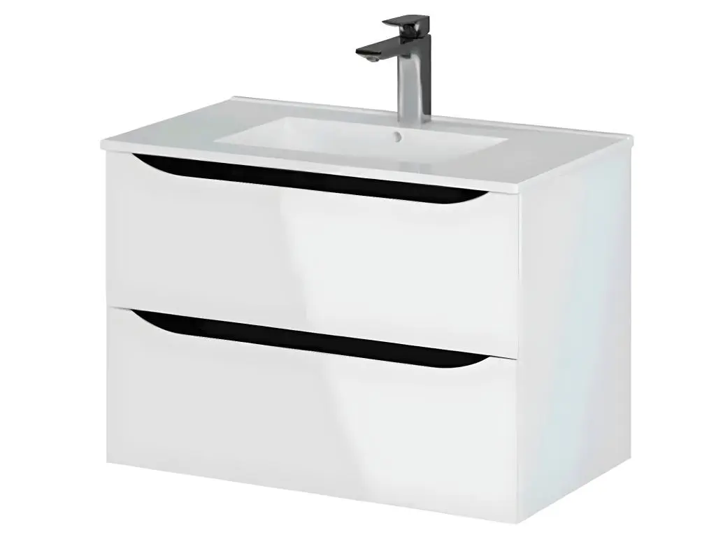 Meuble de salle de bain 2 tiroirs en mélamine coloris blanc brillant - Longueur 81 x profondeur 46 x Hauteur 57 cm