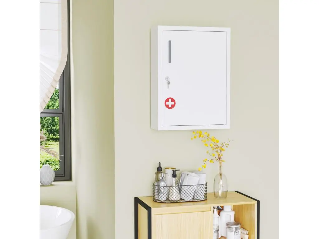 Armoire à pharmacie 2 étagères 3 niv. verrouillables dim. 40L x 15l x 53H cm 2 clés logo croix acier blanc