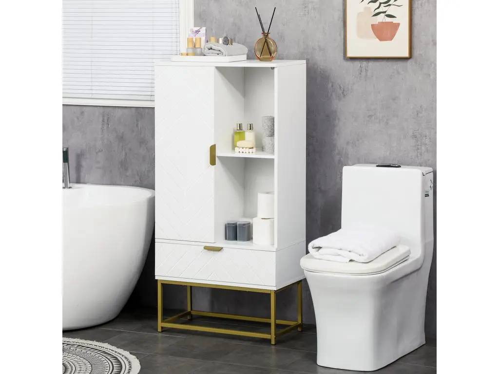 Meuble bas de salle de bain design - porte, étagère, tiroir, 2 niches, 1 tiroir - acier doré MDF blanc