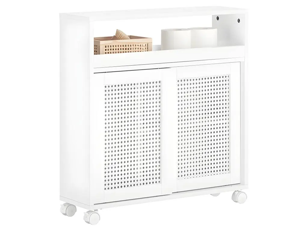 SoBuy BZR119-W Armoire WC Toilettes Compact Roulante sur Roulettes, Support Papier Toilette avec 2 Portes Coulissantes en Ploy Rotin