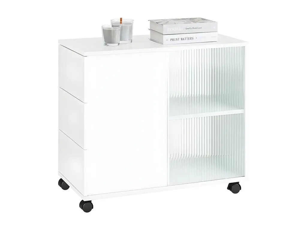 SoBuy Bout de Canapé, Table d'appoint Roulante, Table Basse, Table à Café avec 3 Tiroir, pour Salon, Bureau, Chambre, Bois et Verre, Blanc, L70xP35xH61cm, FBT141-W