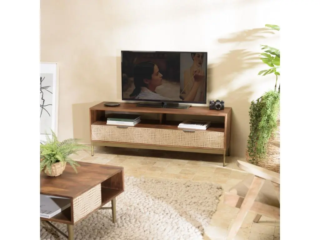 ALIX - Meuble TV en bois de manguier 2 niches 2 tiroirs
