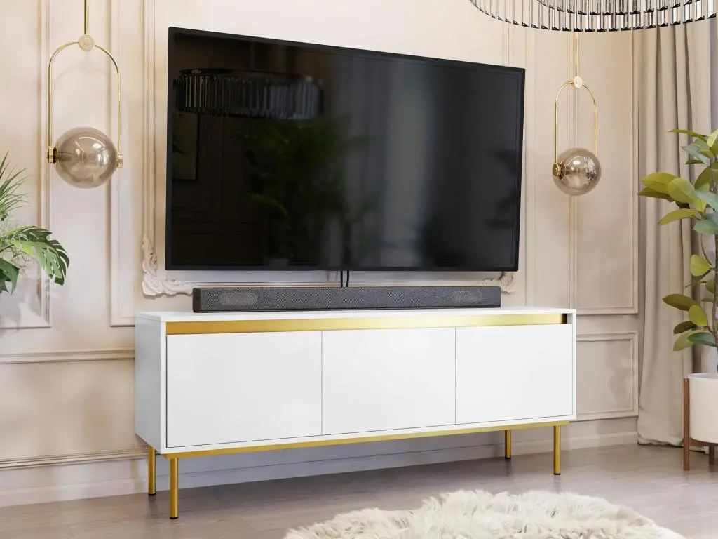 Meuble TV Comfivo AA101, Doré|Blanc, 150x60x40cm