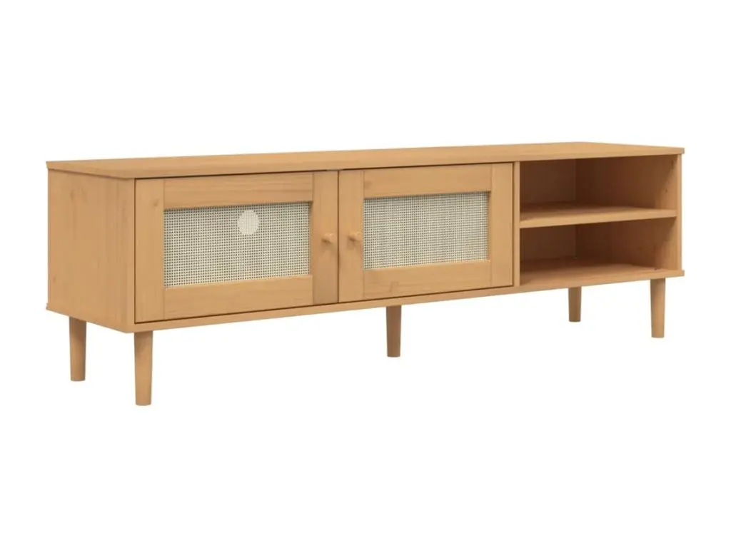 Meuble TV SENJA aspect rotin marron 158x40x49cm bois massif pin